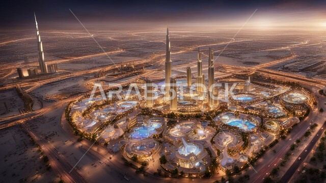 مفهوم تطوير وتحسين البنية التحتية، منظر تخيلي للتقدم والنمو العمراني، التصاميم والفنون الهندسية المعمارية الحديثة للأبراج وناطحات السحاب، بناء مستقبل حضاري متطور في دبي، المباني والمنشآت التجارية الشاهقة