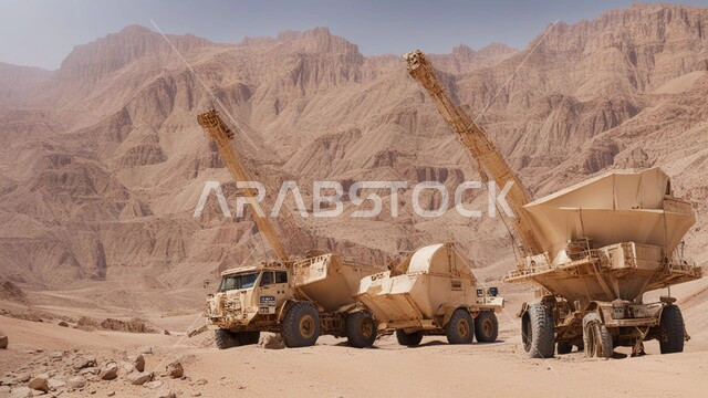 مناطق التنقيب عن الثروات الباطنية واستخراج الموارد الطبيعية، الطبيعة الصخرية وتضاريس السلاسل الجبلية، النهضة بالاقتصاد الوطني في المملكة العربية السعودية، عدد من الشاحنات الضخمة و الآليات الثقيلة تقوم بالعمل في موقع التعدين، المرتفعات وقمم الجبال، أماكن مناجم الفحم