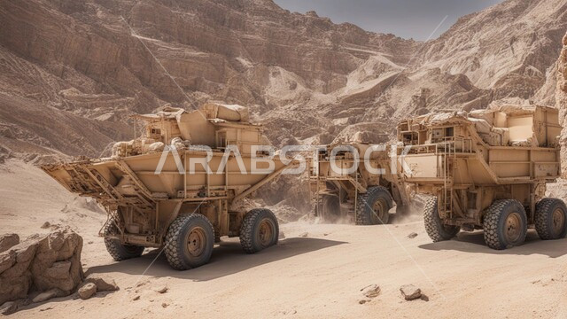 مناطق التنقيب عن الثروات الباطنية واستخراج الموارد الطبيعية، الطبيعة الصخرية وتضاريس السلاسل الجبلية، النهضة بالاقتصاد الوطني في المملكة العربية السعودية، عدد من الشاحنات الضخمة و الآليات الثقيلة تقوم بالعمل في موقع التعدين، المرتفعات وقمم الجبال، أماكن مناجم الفحم