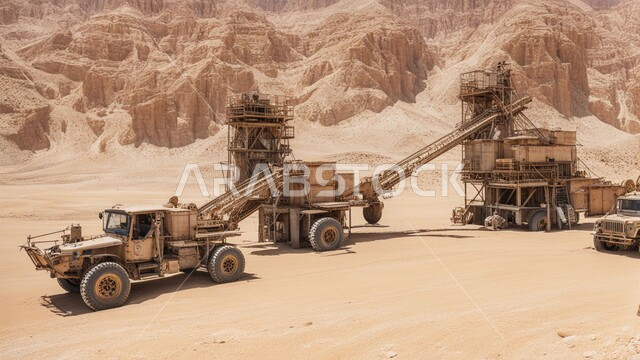 مناطق التنقيب عن الثروات الباطنية واستخراج الموارد الطبيعية، الطبيعة الصخرية وتضاريس السلاسل الجبلية، النهضة بالاقتصاد الوطني في المملكة العربية السعودية، عدد من الشاحنات الضخمة و الآليات الثقيلة تقوم بالعمل في موقع التعدين، المرتفعات وقمم الجبال، أماكن مناجم الفحم