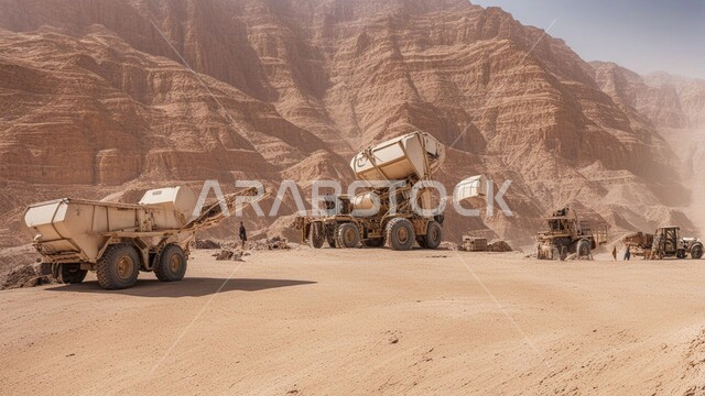 مناطق التنقيب عن الثروات الباطنية واستخراج الموارد الطبيعية، الطبيعة الصخرية وتضاريس السلاسل الجبلية، النهضة بالاقتصاد الوطني في المملكة العربية السعودية، عدد من الشاحنات الضخمة و الآليات الثقيلة تقوم بالعمل في موقع التعدين، المرتفعات وقمم الجبال، أماكن مناجم الفحم