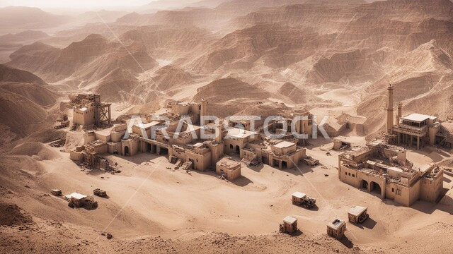 مناطق التنقيب عن الثروات الباطنية واستخراج الموارد الطبيعية، الطبيعة الصخرية وتضاريس السلاسل الجبلية، النهضة بالاقتصاد الوطني في المملكة العربية السعودية، عدد من الشاحنات الضخمة و الآليات الثقيلة تقوم بالعمل في موقع التعدين، المرتفعات وقمم الجبال، أماكن مناجم الفحم