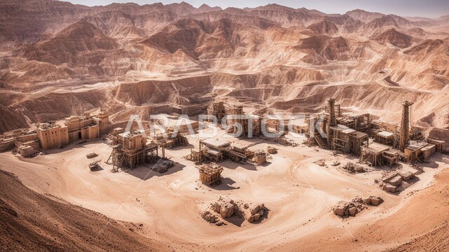 مناطق التنقيب عن الثروات الباطنية واستخراج الموارد الطبيعية، أماكن مناجم الفحم الطبيعي، الطبيعة الصخرية وتضاريس السلاسل الجبلية، المرتفعات وقمم الجبال في المملكة العربية السعودية، عدد من السيارات والآليات الثقيلة تقوم بالحفر والعمل في موقع التعدين