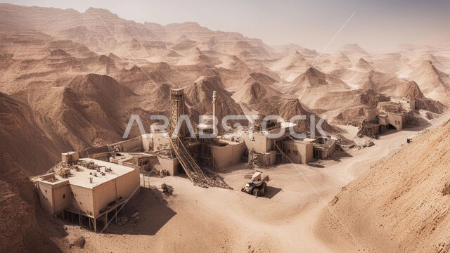 مناطق التنقيب عن الثروات الباطنية واستخراج الموارد الطبيعية، أماكن مناجم الفحم الطبيعي، الطبيعة الصخرية وتضاريس السلاسل الجبلية، المرتفعات وقمم الجبال في المملكة العربية السعودية، عدد من السيارات والآليات الثقيلة تقوم بالحفر والعمل في موقع التعدين
