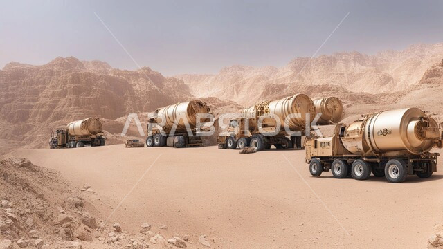 مناطق التنقيب عن الثروات الباطنية واستخراج الموارد الطبيعية، أماكن مناجم الفحم الطبيعي، الطبيعة الصخرية وتضاريس السلاسل الجبلية، المرتفعات وقمم الجبال في المملكة العربية السعودية، عدد من السيارات والآليات الثقيلة تقوم بالحفر والعمل في موقع التعدين