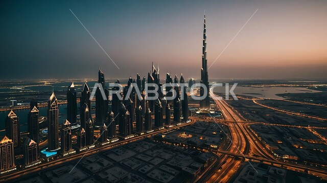 منظر تخيلي مستقبلي للتقدم والنمو العمراني، تحسين وتطوير البنية التحتية، المباني والمنشآت التجارية الشاهقة، بناء مستقبل حضاري متطور في دبي، التصاميم والفنون المعمارية الحديثة، ناطحات السحاب والأبراج في الامارات العربية المتحدة