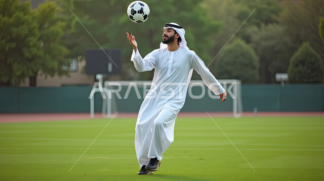 منافسات ومباريات شيقة ومسلية، ملاعب وأندية سعودية، الاهتمام برياضة كرة القدم في المملكة العربية، انشطة ترفيهية ممتعة، رجل عربي خليجي سعودي يرتدي الشماغ والثوب التقليدي يقوم بلعب الفوتبول في الملعب   