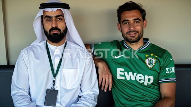 منافسات ومباريات شيقة ومسلية، ملاعب وأندية سعودية، الاهتمام برياضة كرة القدم في المملكة العربية، انشطة ترفيهية ممتعة، رجلان عربيان خليجيان سعوديان يجلسان على مقعد أحدهما يرتدي قميصًا أبيض وحبلًا أخضر، والآخر يرتدي قميصًا أخضر   