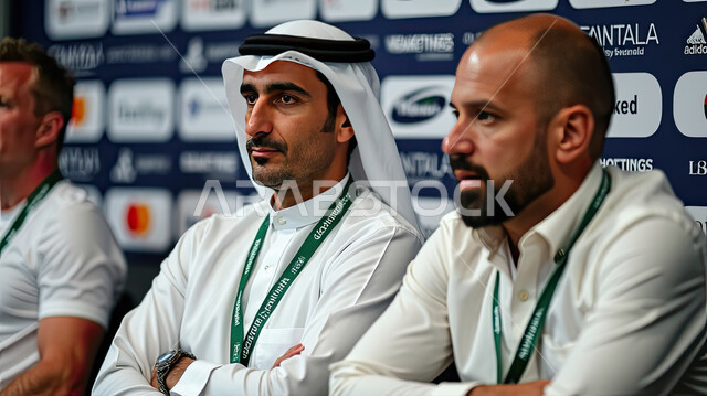 لجنة تحكيم مكونة من ثلاثة أشخاص، منافسات ومباريات شيقة ومسلية، ملاعب وأندية سعودية، الاهتمام برياضة كرة القدم في المملكة العربية، انشطة ترفيهية ممتعة، صورة مقربة لرجلان عربيان خليجيان سعوديان يجلسان على طاولة بخلفية زرقاء وبيضاء 