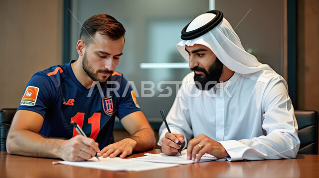 منافسات ومباريات شيقة ومسلية، ملاعب وأندية سعودية، الاهتمام برياضة كرة القدم في المملكة العربية، انشطة ترفيهية ممتعة، رجلان يجلسان على طاولة أحدهما يرتدي قميص أزرق اللون والآخر يرتدي الثوب الأبيض التقليدي السعودي ويوقعان على وثيقة بقلم 
