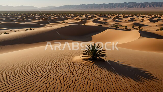 البيئة والتضاريس الجافة للصحاري الخليجية, الطبيعة الصحراوية في المملكة العربية السعودية, منظر الرمال الذهبية اللامعة مع الأعشاب الخضراء في النهار, امتداد الصحراء العربية لمساحات واسعة, تشكل التلال والكثبان الرملية و الصخرية