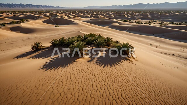 نمو النباتات والاعشاب البرية في الصحاري، الكثبان الرملية في المناطق الطبيعية الصحراوية، الهضاب والتلال من الرمال الذهبية الناعمة في الصحراء العربية في النهار, المساحات والأراضي الواسعة في المملكة العربية السعودية, خلفية الطبيعة