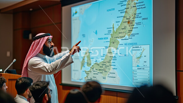 Holding training courses for students, a Saudi Arabian Gulf Arab university professor and speaker wearing a traditional keffiyeh and thobe giving a lecture on maps and geography to students, science and education in Saudi society, lectures and educational courses in Saudi Arabia