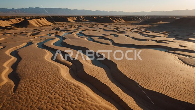 المرتفعات و التضاريس والقمم الجبلية في البراري، الهضاب و التلال من الرمال الناعمة الذهبية، التشكلات و التكوينات الرملية في صحراء المملكة العربية السعودية، مناطق البادية والبيئة الطبيعية الصحراوية في وقت النهار, خلفية الطبيعة