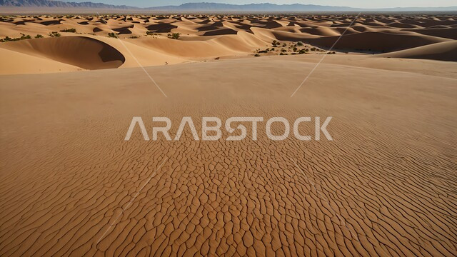 التشكلات و التكوينات الرملية في صحراء المملكة العربية السعودية، المرتفعات و التضاريس والقمم الجبلية في البراري، الهضاب و التلال من الرمال الناعمة الذهبية،  مناطق البادية والبيئة الطبيعية الصحراوية في وقت النهار, خلفية الطبيعة