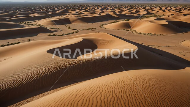 مناطق البادية والبيئة الطبيعية الصحراوية في وقت النهار، المرتفعات و التضاريس والقمم الجبلية في البراري، الهضاب و التلال من الرمال الناعمة الذهبية، التشكلات و التكوينات الرملية في صحراء المملكة العربية السعودية،  خلفية الطبيعة