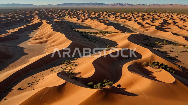 نمو النباتات والاعشاب البرية في الصحاري، الكثبان الرملية في المناطق الطبيعية الصحراوية، الهضاب والتلال من الرمال الذهبية الناعمة في الصحراء العربية في النهار, المساحات والأراضي الواسعة في المملكة العربية السعودية, خلفية الطبيعة