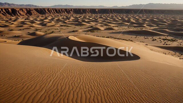 مناطق البادية والبيئة الطبيعية الصحراوية في وقت النهار، المرتفعات و التضاريس والقمم الجبلية في البراري، الهضاب و التلال من الرمال الناعمة الذهبية، التشكلات و التكوينات الرملية في صحراء المملكة العربية السعودية،  خلفية الطبيعة