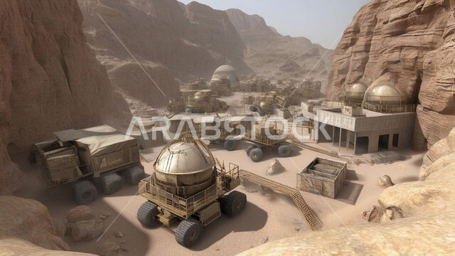 مناطق التنقيب عن الثروات الباطنية واستخراج الموارد الطبيعية، الطبيعة الصخرية وتضاريس السلاسل الجبلية، النهضة بالاقتصاد الوطني في المملكة العربية السعودية، عدد من السيارات و الآليات تقوم بالعمل في موقع التعدين، المرتفعات وقمم الجبال