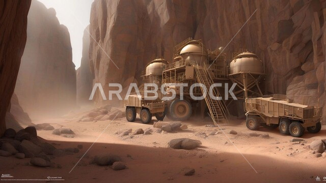 مناطق التنقيب عن الثروات الباطنية واستخراج الموارد الطبيعية، الطبيعة الصخرية وتضاريس السلاسل الجبلية، النهضة بالاقتصاد الوطني في المملكة العربية السعودية، عدد من السيارات و الآليات تقوم بالعمل في موقع التعدين، المرتفعات وقمم الجبال