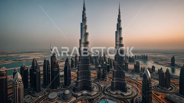 مفهوم تطوير وتحسين البنية التحتية، التصاميم والفنون المعمارية الحديثة للأبراج وناطحات السحاب في الامارات العربية المتحدة، منظر تخيلي للتقدم والنمو العمراني، بناء مستقبل حضاري متطور في دبي