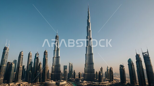 Infrastructure development and improvement concept, Vision 2031, Burj Khalifa in Dubai during daytime, futuristic view of urban growth and progress, modern architectural designs and arts of towers and skyscrapers in the United Arab Emirates, high-rise commercial buildings and facilities