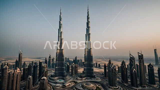 مفهوم تطوير وتحسين البنية التحتية، رؤية مستقبلية 2031، برج خليفة في مدينة دبي في وقت النهار، منظر تخيلي مستقبلي للنمو والتقدم العمراني، التصاميم والفنون المعمارية الحديثة للأبراج وناطحات السحاب في الامارات العربية المتحدة، المباني والمنشآت التجارية الشاهقة
