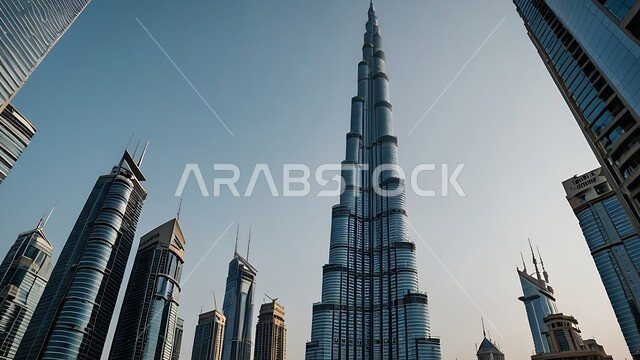 برج خليفة في مدينة دبي في وقت النهار، منظر تخيلي مستقبلي للنمو والتقدم العمراني، التصاميم والفنون المعمارية الحديثة للأبراج وناطحات السحاب في الامارات العربية المتحدة، المباني والمنشآت التجارية الشاهقة، مفهوم تطوير وتحسين البنية التحتية، رؤية مستقبلية 2031