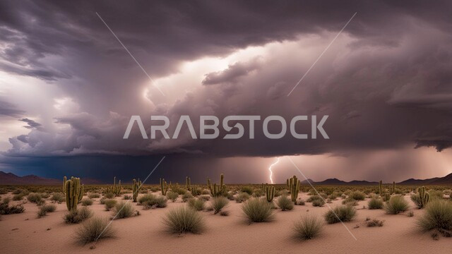 View of the sky filled with dark clouds, sand formations and formations, a windstorm hitting the desert, the stormy, raging atmosphere laden with dust and dirt in the deserts of Saudi Arabia, the growth of green plants and wild thorns in the desert lands, natural phenomena and disasters