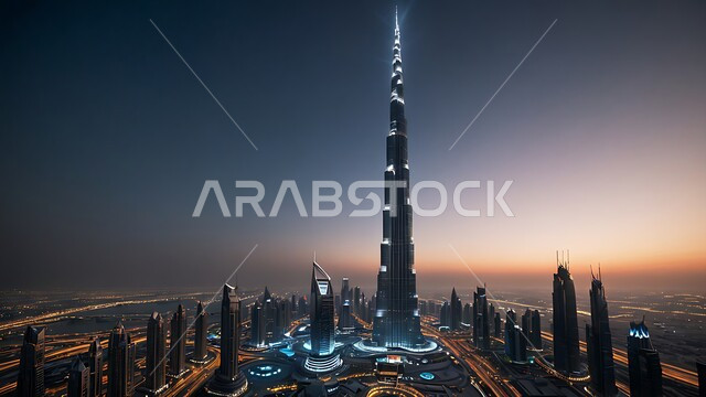 معالم واماكن سياحية مشهورة، رؤية مستقبلية2031، منظر تخيلي مستقبلي للتقدم والنمو العمراني للمباني والمنشاّت التجارية في الامارات العربي المتحدة، الفن الهندسي المعماري للأبراج وناطحات السحاب المضيئة ليلا، بناء مستقبل حضاري ومتطور، برج خليفة في مدينة دبي