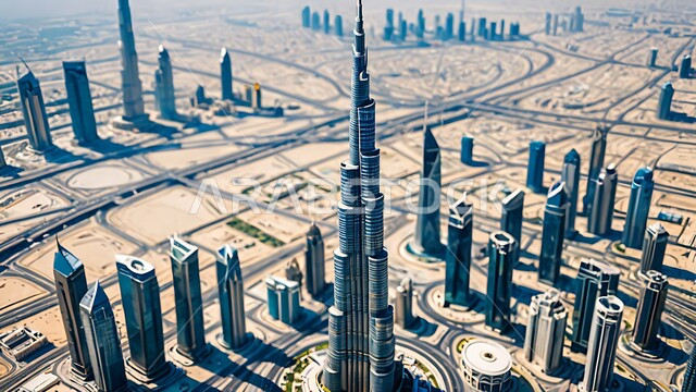 رؤية مستقبلية2031، منظر تخيلي مستقبلي للتقدم والنمو العمراني للمباني والمنشاّت التجارية الشاهقة في الامارات العربية المتحدة، الفن الهندسي المعماري للأبراج وناطحات السحاب، بناء مستقبلي حضاري ومتطور، برج خليفة في مدينة دبي، مفهوم تطوير وتحسين البنية التحتية