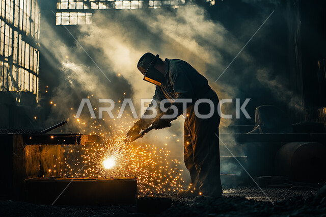 ارتداء قناع الحمايه من الشرار المتناثر، صورة من الجانب لحداد عربي خليجي سعودي يقوم بلحام الحديد في المصنع، مصانع المعادن الخام، عمال ومهندسين في المملكة العربية السعودية