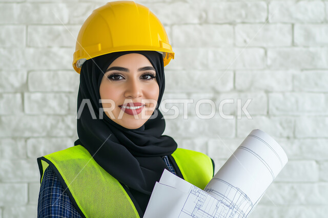 Portrait of a Saudi Arabian Gulf architect holding a construction plan in her hand, a veiled construction engineer wearing a work safety suit, work helmet, work uniform, construction project, white background
