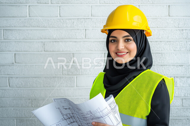 Portrait of a Saudi Arabian Gulf architect holding a construction plan in her hand, a veiled construction engineer wearing a work safety suit, work helmet, work uniform, construction project, white background