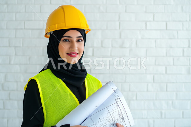 مهندسة معمارية عربية سعودية خليجية تحمل بيدها مخطط البناء ، مهندسة انشاءات محجبة ترتدي بدلة السلامة في العمل ، خوذة العمل ، لباس رسمي للعمل ، مشروع بناء ، خلفية جدار ابيض اللون 