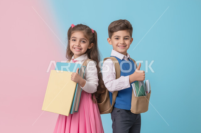 الإشارة بإصبع الإبهام للأعلى بتعابير الجودة, مفهوم العودة إلى المدارس, بورتريه لولد و بنت عربيان خليجيان سعوديان يرتديان الزي المدرسي يحملان الكتب و الأغراض المدرسية بيديهما, الجسم بالطول الكامل, خلفية ملونة