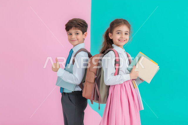 الإشارة بإصبع الإبهام للأعلى بتعابير الجودة, مفهوم العودة إلى المدارس, بورتريه لولد و بنت عربيان خليجيان سعوديان يرتديان الزي المدرسي يحملان الكتب و الأغراض المدرسية بيديهما, الجسم بالطول الكامل, خلفية ملونة