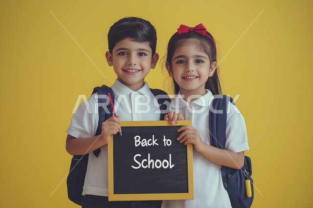 الاستعداد لاستقبال العام الدراسي الجديد، التعليم في مدارس المملكة العربية السعودية، بورتريه مقرب لطالبين عربيين خليجيين سعوديين يرتديان الزي المدرسي يحملان سبورة صغيرة بعبارة العودة الى المدرسة باللغة الانجليزية، النظر الى الكاميرا بتعابير السرور والسعادة ، خلفية صفراء