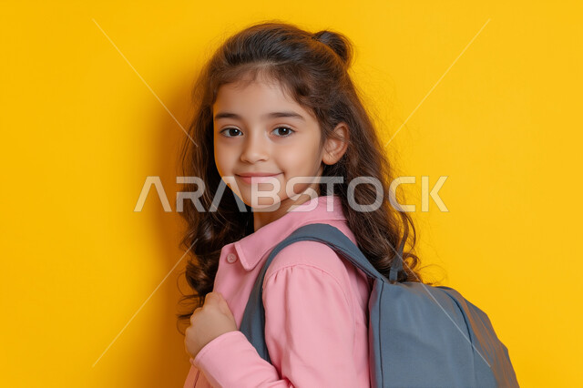 Morning activity, seriousness and diligence, a picture of a Saudi Arabian Gulf girl wearing a school bag going to school, the start of the morning shift in schools in the Kingdom of Saudi Arabia, yellow background