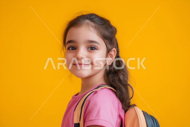 Morning activity, seriousness and diligence, a picture of a Saudi Arabian Gulf girl wearing a school bag going to school, the start of the morning shift in schools in the Kingdom of Saudi Arabia, yellow background