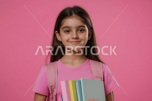 النشاط الصباحي والجد والاجتهاد، صورة لفتاة عربية خليجية سعودية ترتدي الحقيبة المدرسية تقوم بالذهاب الى المدرسة، بدء الدوام الصباحي في مدارس المملكة العربية السعودية ، خلفية وردية