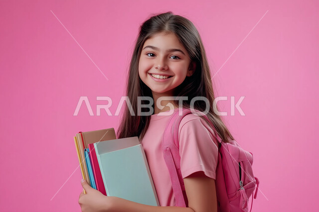Morning activity, seriousness and diligence, a picture of a Saudi Arabian Gulf girl wearing a school bag going to school, the start of the morning shift in schools in the Kingdom of Saudi Arabia, a pink background