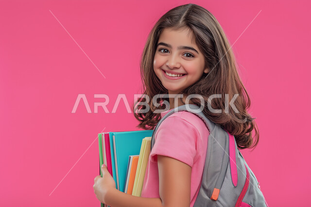 النشاط الصباحي والجد والاجتهاد، صورة لفتاة عربية خليجية سعودية ترتدي الحقيبة المدرسية تقوم بالذهاب الى المدرسة، بدء الدوام الصباحي في مدارس المملكة العربية السعودية ، خلفية وردية