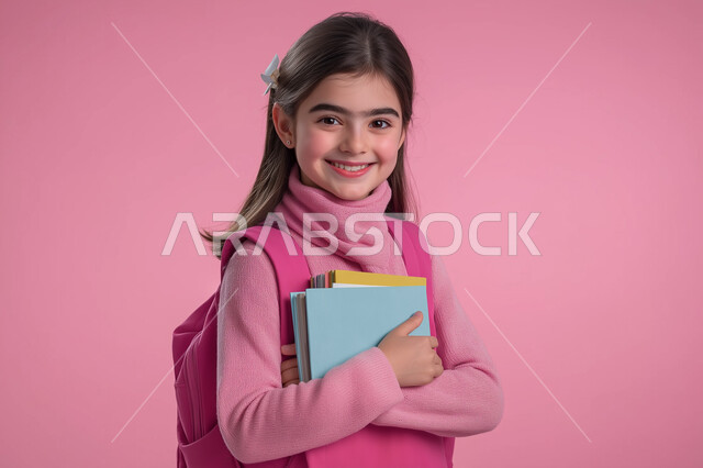 النشاط الصباحي والجد والاجتهاد، صورة لفتاة عربية خليجية سعودية ترتدي الحقيبة المدرسية تقوم بالذهاب الى المدرسة، بدء الدوام الصباحي في مدارس المملكة العربية السعودية ، خلفية وردية
