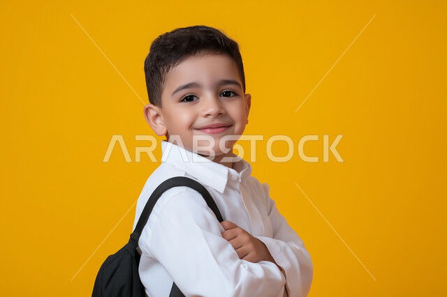 طالب مدرسي عربي خليجي سعودي يرتدي حقيبة ظهر مدرسية ، ارتداء الزي المدرسي التقليدي، ايماءات وجه تدل على السعادة ، امساك الحقيبة باليد ، خلفية صفراء 
