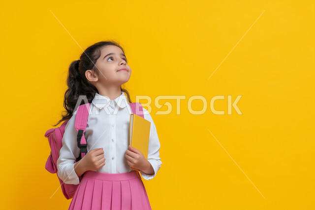 الإستعداد للعام الدراسي الجديد ، بورتريه لطالبة عربية خليجية تنظر للاعلى ، ترتدي الزي المدرسي، تحمل حقيبة الظهر المدرسية، إيماءات تدل على الحماس والسعادة لعودة المدارس،  التعليم الدراسي في السعودية، خلفية صفراء، 