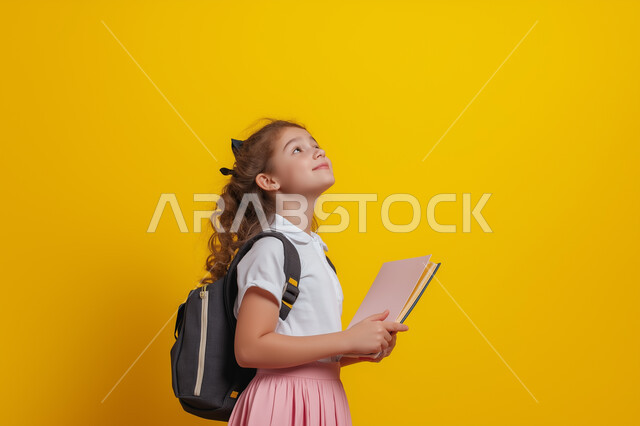 الإستعداد للعام الدراسي الجديد ، بورتريه لطالبة عربية خليجية تنظر للاعلى ، ترتدي الزي المدرسي، تحمل حقيبة الظهر المدرسية، إيماءات تدل على الحماس والسعادة لعودة المدارس،  التعليم الدراسي في السعودية، خلفية صفراء، 
