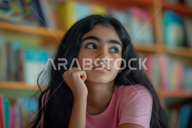 الجد والاجتهاد للوصول إلى النجاح والتفوق ، موسم العودة إلى المدارس، صورة لطالبة عربية خليجية سعودية ترتدي الزي المدرسي وتجلس في مقعدها تقوم بالنظر إلى الجانب بإيماءات الاندماج والتركيز ، خلفية مكتبة