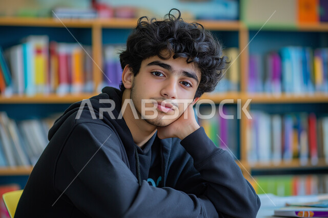 الجد والاجتهاد للوصول إلى النجاح والتفوق ، موسم العودة إلى المدارس، صورة لطالب عربي خليجي سعودي يجلس في مقعده يقوم بالنظر إلى الكاميرا بإيماءات الاندماج والتركيز ،   تعابير للوجه و اليدين مختلفة تدل على الملل و التعب