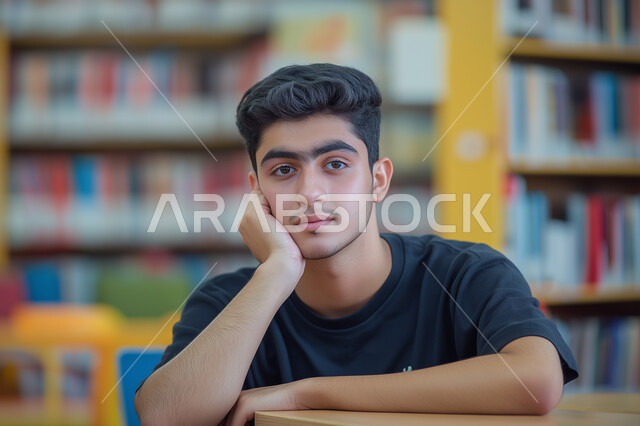 الجد والاجتهاد للوصول إلى النجاح والتفوق ، موسم العودة إلى المدارس، صورة لطالب عربي خليجي سعودي يجلس في مقعده يقوم بالنظر إلى الكاميرا بإيماءات الاندماج والتركيز ،   تعابير للوجه و اليدين مختلفة تدل على الملل و التعب